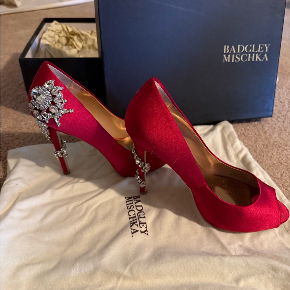 Badgley Mischka Royal Red Satin Heels with Sparkling Crystals